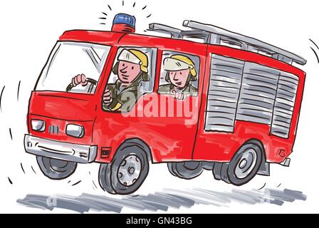 Red Fire Truck Fireman Caricature Stock Vector