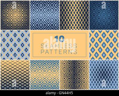 Set of Ten Vector Seamless Hand Drawn Rough Line Geometric Rhombus Halftone Patterns Stock Vector