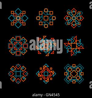 Set of Nine Vector Teal Orange Line Art Geometric Pattern Elements Stock Vector