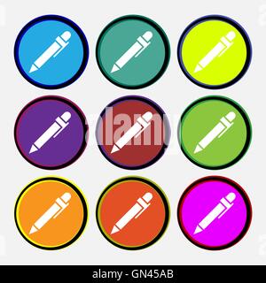 pen icon sign. Nine multi colored round buttons. Vector Stock Vector