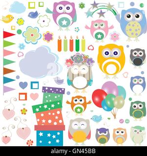 Set of vector birthday party elements with cute owls Stock Vector