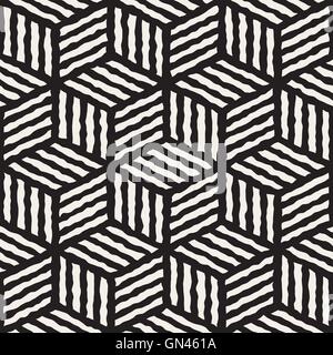 Vector Seamless Black And White Hand Painted Line Geometric Stripes Cube Pattern Stock Vector