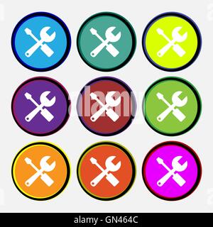 wrench and screwdriver icon sign. Nine multi colored round buttons. Vector Stock Vector
