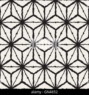 Vector Seamless Black And White Hand Painted Line Geometric  Rhombus Grid Pattern Stock Vector