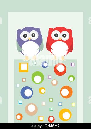 Couple owls birds on a tree branch. Vector background. Stock Vector