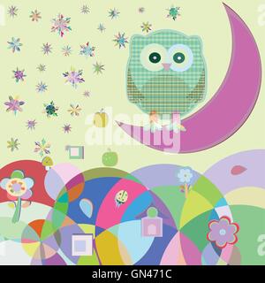 Card with two owls on branch at day, vector illustration Stock Vector