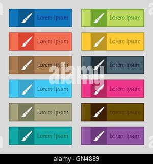 brush icon sign. Set of twelve rectangular, colorful, beautiful, high-quality buttons for the site. Vector Stock Vector