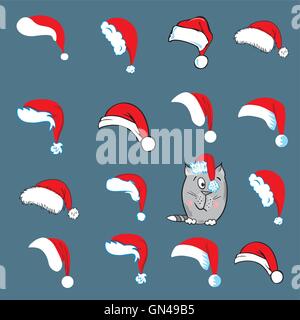 Christmas illustration with santa hats and cat Stock Vector