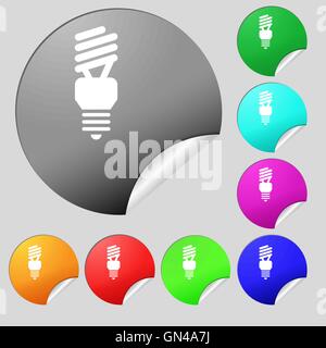 fluorescent lamp icon sign. Set of eight multi colored round buttons, stickers. Vector Stock Vector
