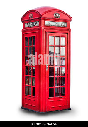 Red phone box in London over white background, United Kingdom, Stock Photo