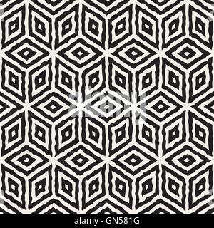Vector Seamless Black And White Hand Painted Geometric Rhombus Lines Cubic Pattern Stock Vector