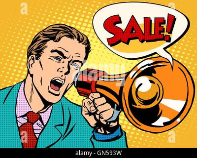 Agitator with megaphone announces sale Stock Vector