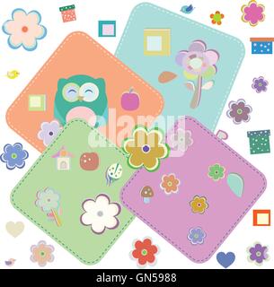 birthday party elements with cute owls and birds. vector illustration Stock Vector