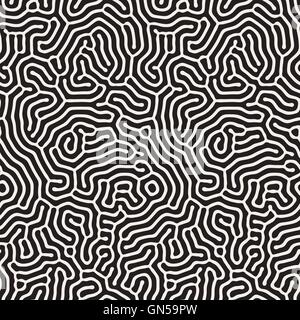 Vector Seamless Black and White Wavy Organic Rounded Line Maze Coral Pattern Stock Vector
