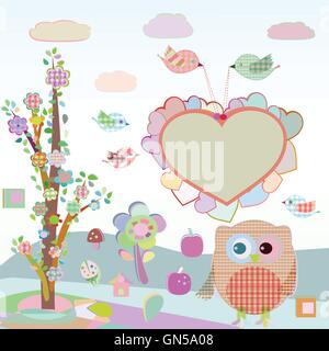 Set of nature elements: owls and birds on branches and tree. vector Stock Vector