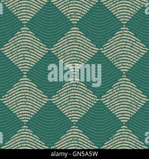 Vector Seamless Green Grey Color Hand Drawn Wavy Lines Rhombus Checker Retro Pattern Stock Vector