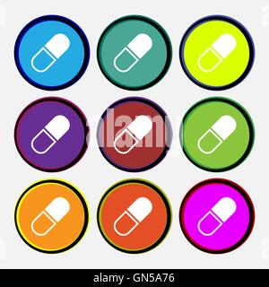 pill icon sign. Nine multi colored round buttons. Vector Stock Vector