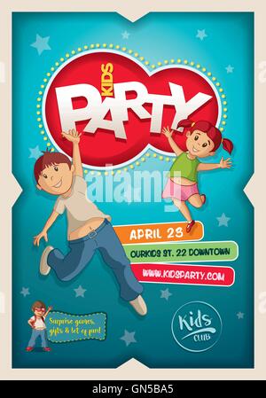 Vector Kids Party poster design template. Boy and girl happy and jumping. Stock Vector