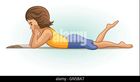 Girl lying down and reading book. Vector illustration. Stock Vector