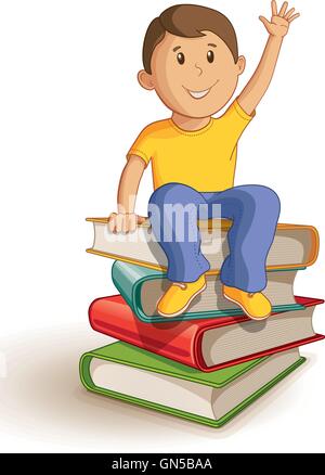 Vector illustration of a school boy sitting on the book stack. Stock Vector