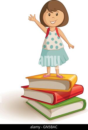 Vector illustration of a school girl standing and waving hand on the book stack. Stock Vector