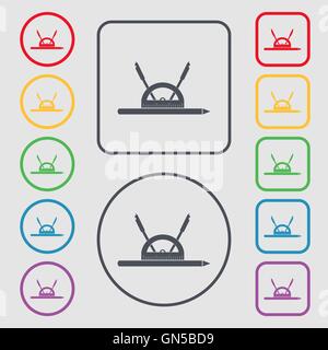 the compass and protractor. characters geometry. Education icon sign. symbol on the Round and square buttons with frame. Vector Stock Vector