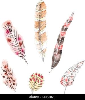 Set of six watercolors feathers Stock Vector