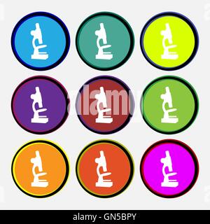 Microscope icon sign. Nine multi colored round buttons. Vector Stock Vector