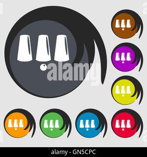 Three game thimbles with a ball, games 3 cups icon. Symbols on eight colored buttons. Vector Stock Vector