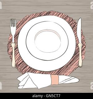 Informal vector table setting. Tableware and eating utensils Stock Vector
