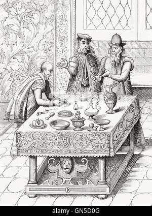 The physicians of the French king manufacturing medicine, 16th century Stock Photo