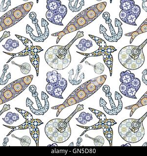Collection of traditional Portuguese icons in seamless pattern. Stock Vector