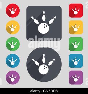 bowling icon sign. A set of 12 colored buttons and a long shadow. Flat design. Vector Stock Vector