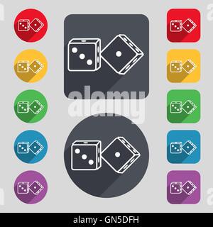 dices icon sign. A set of 12 colored buttons and a long shadow. Flat design. Vector Stock Vector