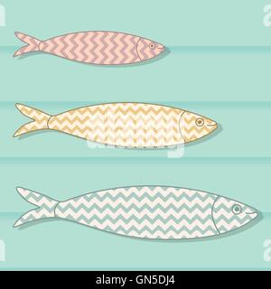 Traditional Portuguese icon. Colored sardines with geometric che Stock Vector