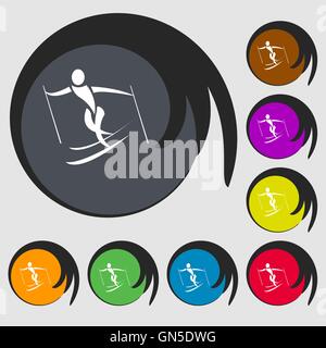 Skier icon. Symbols on eight colored buttons. Vector Stock Vector