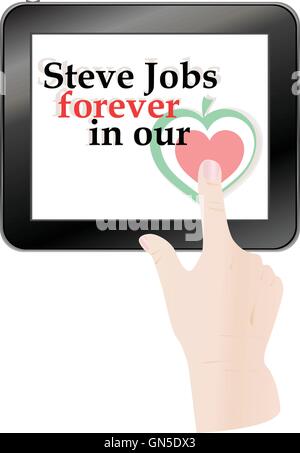 hands pressing love heart on black abstract tablet pc on white background vector illustration Stock Vector