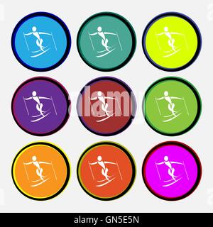 Skier icon sign. Nine multi colored round buttons. Vector Stock Vector