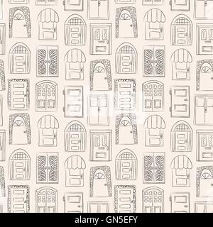 Seamless pattern. Collection of old door icon, isolated illustra Stock Vector