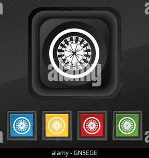 casino roulette wheel icon symbol. Set of five colorful, stylish buttons on black texture for your design. Vector Stock Vector