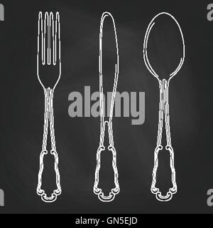 Vector hand drawn illustration with cutlery set. Sketch. Vintage Stock Vector