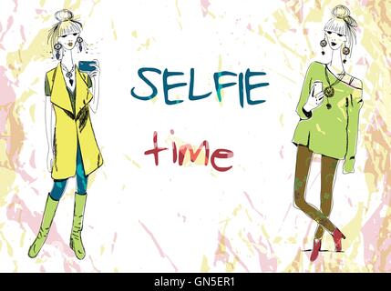 Set of two young fashion women in boho style with phone doing selfie. For t-shirts print, pillow print, phone case, posters, bag Stock Vector
