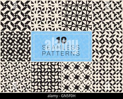 Set of Ten Vector Seamless Black and White Geometric Patterns Stock Vector