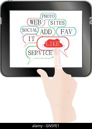 Hand pressing Like button on tablet pc isolated on white background vector background Stock Vector