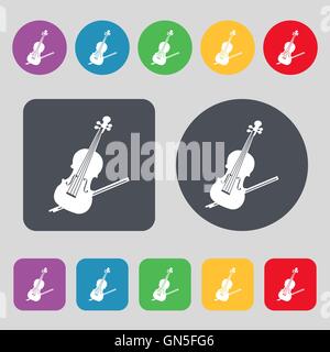 Violin icon sign. A set of 12 colored buttons. Flat design. Vector Stock Vector