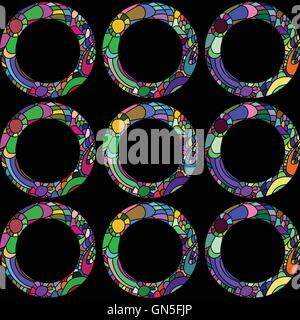 Vivid Seamless pattern with doddle circles  on black baclground Stock Vector