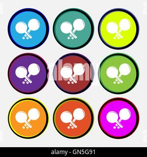 Tennis rocket icon sign. Nine multi colored round buttons. Vector Stock Vector