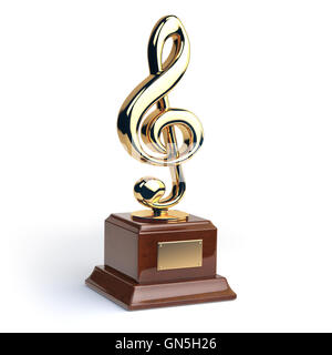 Gold treble clef s trophy isolated on white. Music  award concept. 3d illustration Stock Photo