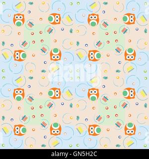 Set of vector elements - owls, birds, gift boxes. Seamless background Stock Vector