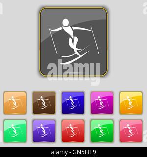 Skier icon sign. Set with eleven colored buttons for your site. Vector Stock Vector